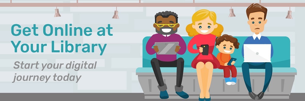 A promotional banner titled "Get Online at Your Library: Start your digital journey today." The illustration features a diverse group of four people sitting on a bench, each engaged with different digital devices. From left to right, an older man with glasses uses a tablet, a woman with blonde hair uses a smartphone, a young child interacts with a device, and a man with brown hair works on a laptop. The scene is set against a library backdrop with modern lighting, promoting digital literacy and access to technology at the library.